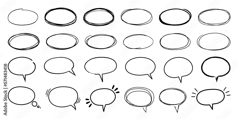 Oval sketch frames. Hand drawn ellipse shape, round doodle speech balloon and scribble highlight vector set. Communication box, circular border for important note or idea, isolated elements Oval sketch frames. Hand drawn ellipse shape, round doodle speech balloon and scribble highlight vector set. Communication box, circular border for important note or idea, isolated elements