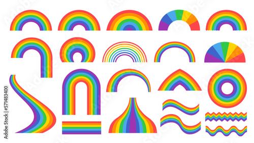 Rainbow colors. Spectrum stripes and waves, heaven arc and colors of LGBT community vector illustration set. Magic bright colorful elements of different shape for kids, abstract stickers