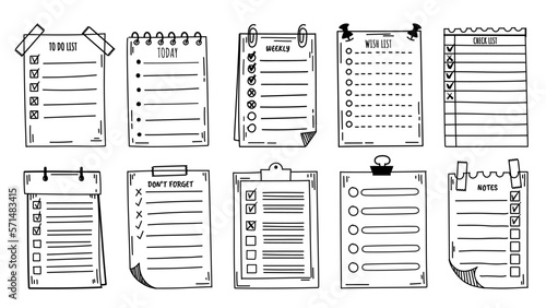 Doodle checklist. Hand drawn to do list, today tasks and sketch weekly planner. Clipboard with bullet list, notes page with check and tick vector set. Work organization or management, reminder