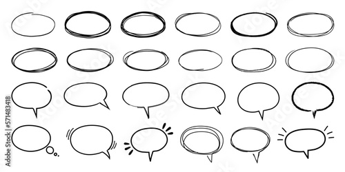 Oval sketch frames. Hand drawn ellipse shape, round doodle speech balloon and scribble highlight vector set. Communication box, circular border for important note or idea, isolated elements