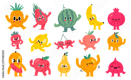 Doodle fruits and berries characters. Funny grocery food mascot with happy cartoon faces vector illustration set. Exotic and tropical food as dragon fruit, pineapple, mango with cheerful expressions