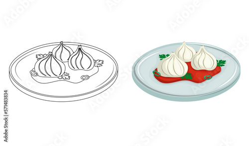 Momo is Tibetan manty. Kids coloring book for elementary school. Asian traditional cuisine. Steamed food, khinkali, Chinese dumplings. Vector illustration.
