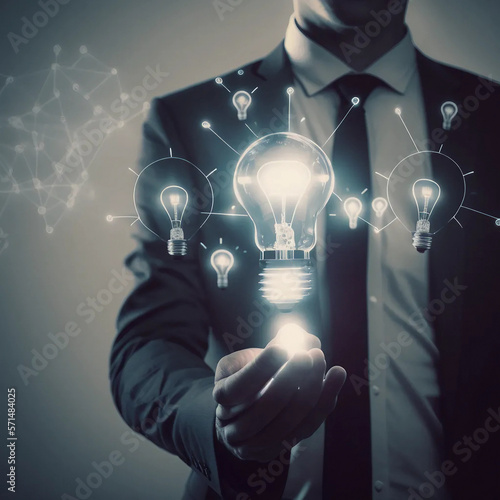 Person holding a bulb, Thinking, Visionary skills with unconscious understanding about anticipation vector illustration. 