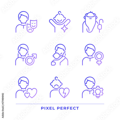 Personal characteristics pixel perfect gradient linear vector icons set. Anima and animus. Child, orphan. Thin line contour symbol designs bundle. Isolated outline illustrations collection