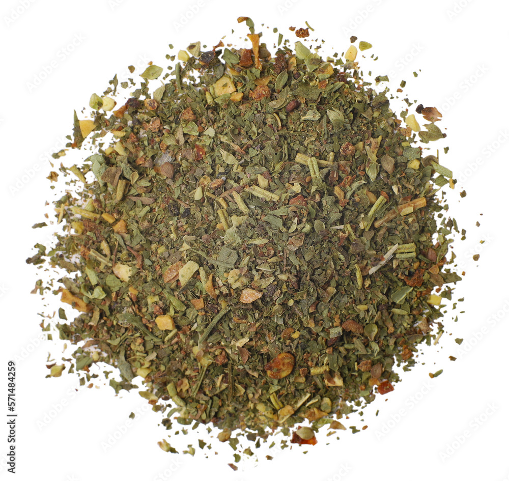Dried Italian herbs, white background, close-up Dried Italian herbs, white background, close-up
