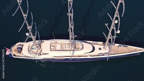 Black Pearl megayacht anchored in serene blue water of Kotor, aerial photo