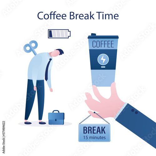 Tired businessman, colleague gives big mug of coffee. 15 minutes coffee break for employees. Male entrepreneur recharges low battery, charge of energy. Time management, office day