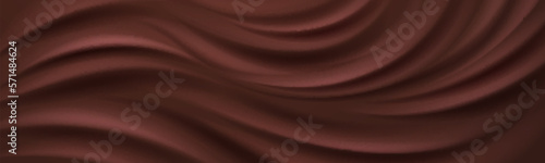 Realistic frozen chocolate texture background with swirl. Horizontal pudding twist illustration. Dark milk choco vortex wave mousse, liquid chocolate texture, yoghurt.. Abstract creamy pattern design