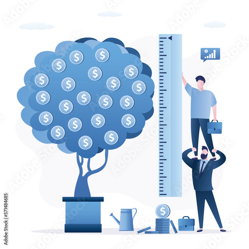 Businessmen have grown money tree. Company development performance metrics. Successful business people use ruler and measure financial indicators, analytics. Amount of income, size of earnings