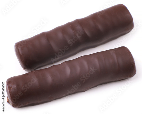 Two chocolate candies on a white background