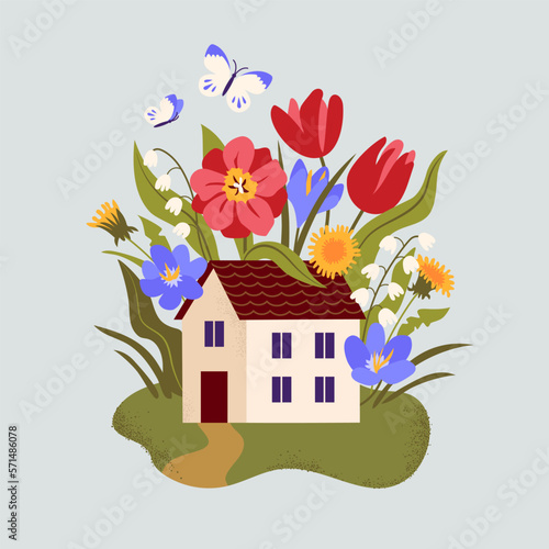 Home sweet home concept. Big spring flowers growing around a tiny house. Vector design for banners, posters, cards, prints.