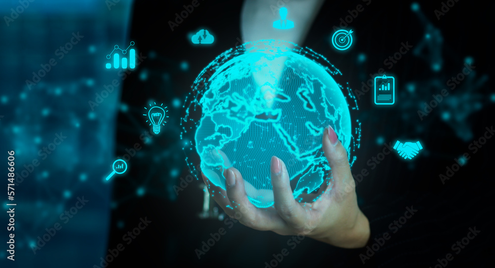 Business and Technology concept. Businesswoman hand holding on virtual digital world control and connecting on blurred building background. Business and Technology concept. Businesswoman hand holding on virtual digital world control and connecting on blurred building background.