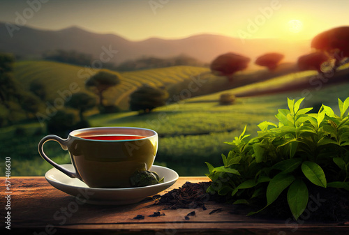 Cup of hot tea and tea leaf on the wooden table and the tea plantations in the background created with AI