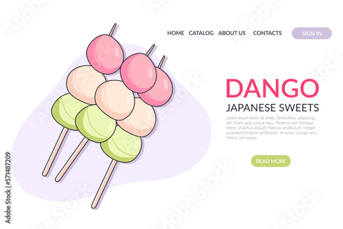 Web Page with Japanese sweet mochi dango on a light background. Banner, website, advertising, menu. Vector illustration in doodle style