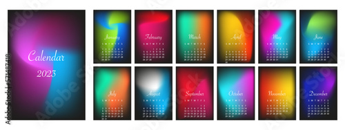 Vector calendar for 2023. With a color gradient on a black background. The week starts on Sunday.
