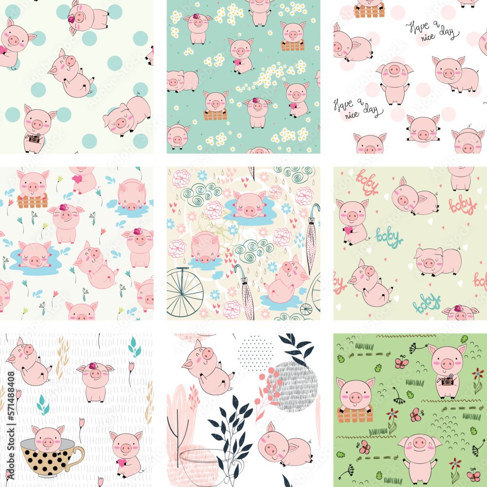 Set of hand drawn vector seamless patterns with pigs for fabric, wrapping paper, etc.