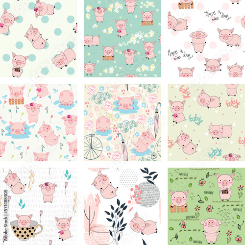 Set of hand drawn vector seamless patterns with pigs for fabric, wrapping paper, etc.