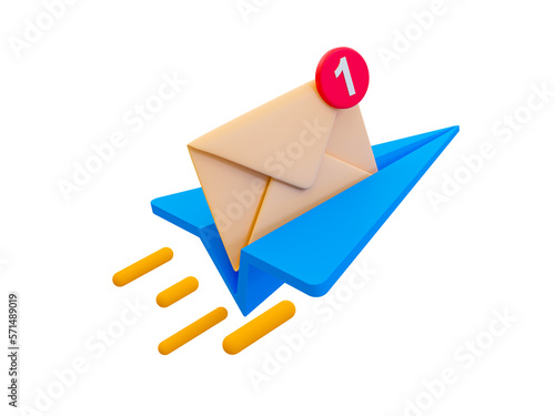 3d minimal online message sending. Online chatting icon. quick and fast online communication. Paper rocket with a envelop icon. 3d illustration.
