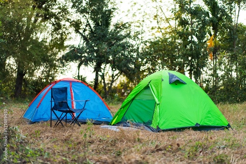 Camping green and blue tent in forest background. Camping concept.