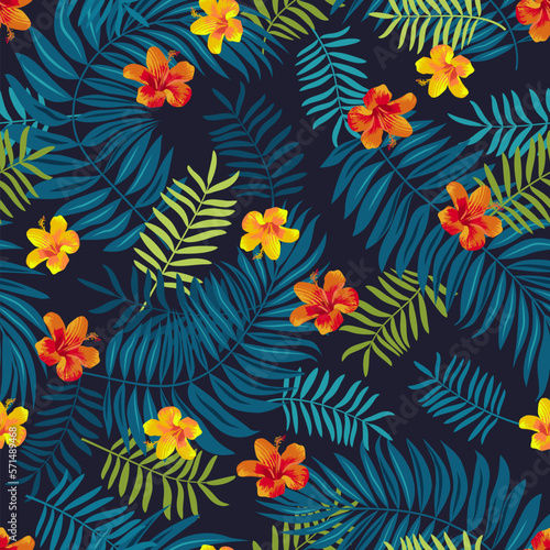 Fototapeta Naklejka Na Ścianę i Meble -  Vector exotic foliage Balinese Hawaiian summer seamless tropical leaves pattern. Bright natural seamless background. Vivid optimistic juicy colors. Repeat Bali, Hawaii floral pattern backdrop