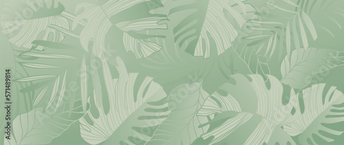 Tropical leaves wallpaper background vector. Natural jungle monstera and palm leaves, foliage pattern design in minimalist pale green color style. Design for fabric, print, cover, banner, decoration.