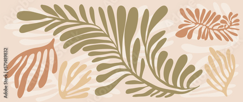 Tropical leaves background vector. Abstract jungle palm leaf shape, hand drawn foliage design in minimalist earth tone color style. Design for fabric, print, cover, banner, decoration, wallpaper.