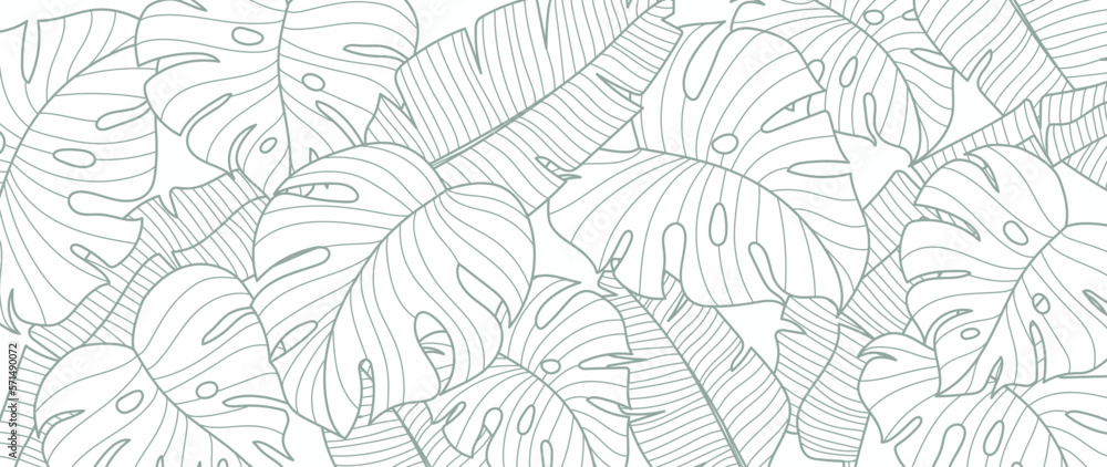 Tropical leaf line art wallpaper background vector. Natural monstera