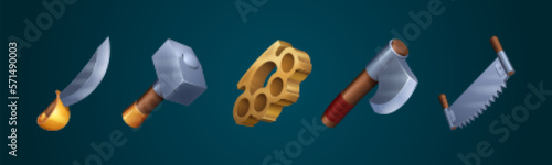 Cartoon set of game weapon or tools isolated on background. Vector illustration of medieval sharp iron knife or steel sword, saw , hammer and axe with wooden handles, brass knuckles.