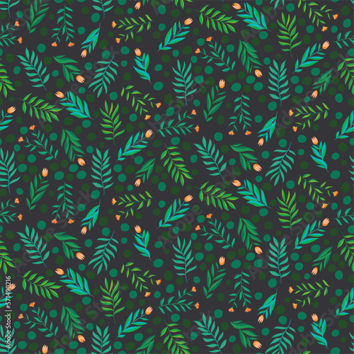 Green herbs seamless pattern. Leaves  wildflowers and berries. Vector illustration with different plants and branches on dark brown background.
