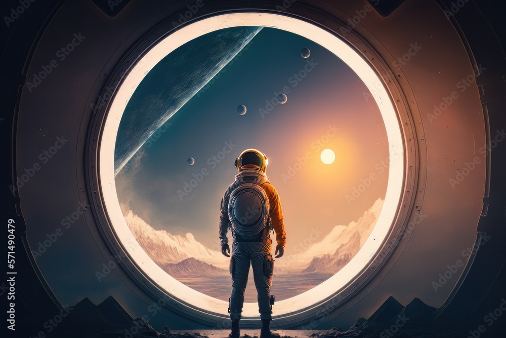 Spaceman in a spacesuit stands in front of spaceship circle window. Astronaut looking forward to galaxy. Generative AI