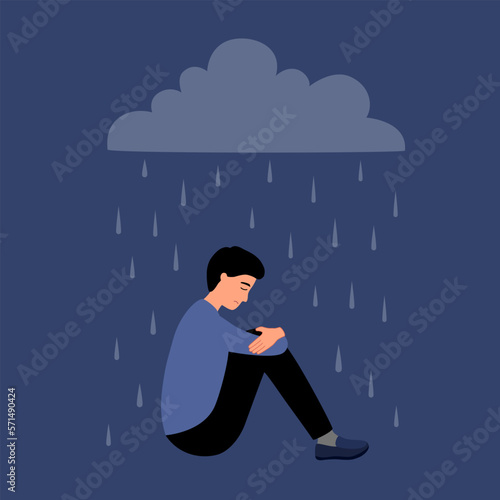 Depression man sitting hugging his knees under rain and cloud. Sad guy in flat design. Unhappy feeling.
