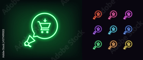 Outline neon megaphone icon set. Glowing neon loudspeaker with bubble message frame and trolley cart sign, shop bestseller pictogram. Sale announce, advertising offer and online promotion.