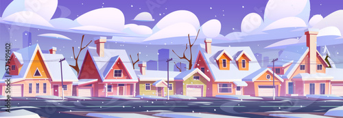 Cartoon snowy winter street in suburban town. Vector illustration of houses and garages, empty road, naked trees covered with snow, grey sky with clouds and snowfall, silhouettes of city buildings