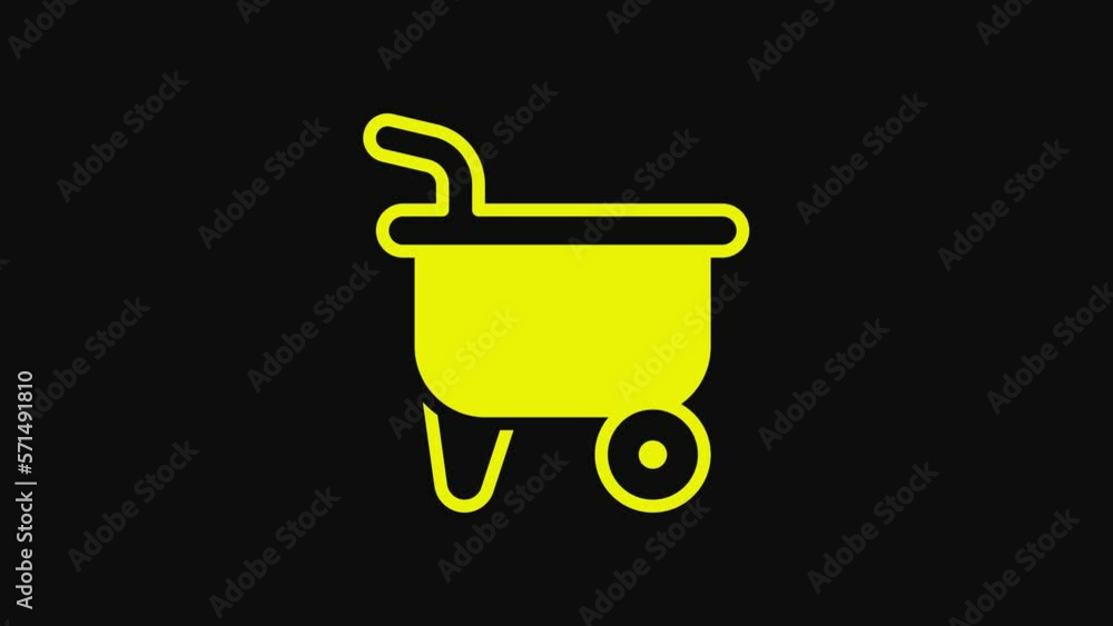 Yellow Wheelbarrow icon isolated on black background. Tool equipment. Agriculture cart wheel farm. 4K Video motion graphic animation Yellow Wheelbarrow icon isolated on black background. Tool equipment. Agriculture cart wheel farm. 4K Video motion graphic animation