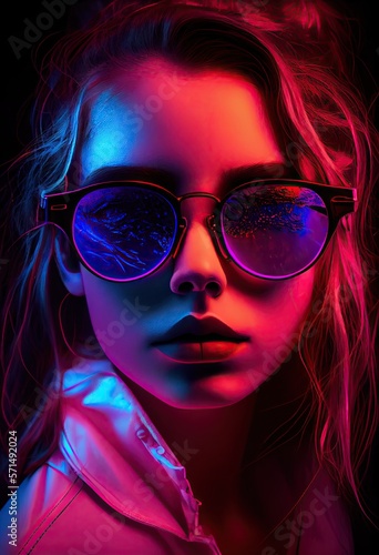 Fashion girl portrait with round sunglasses poses in neon light in the studio - generative ai