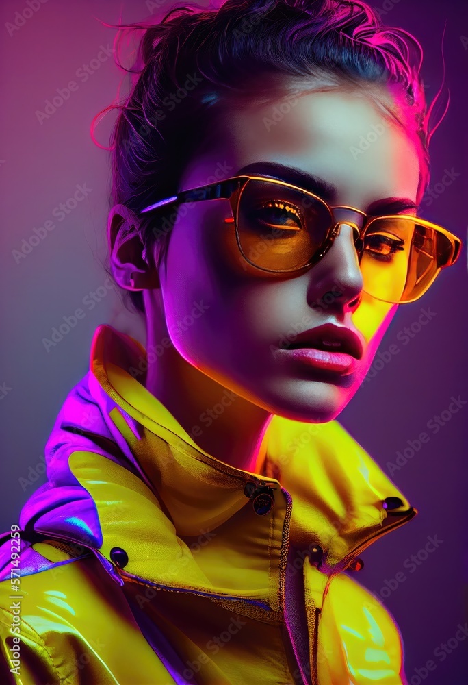 Fashion girl portrait with round sunglasses poses in neon light in the studio - generative ai Fashion girl portrait with round sunglasses poses in neon light in the studio - generative ai