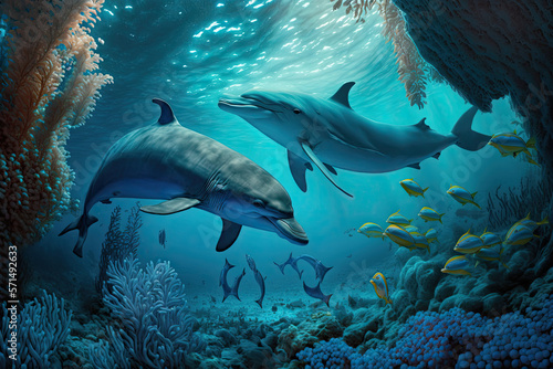 Dolphins and a reef undersea environment, generative AI.