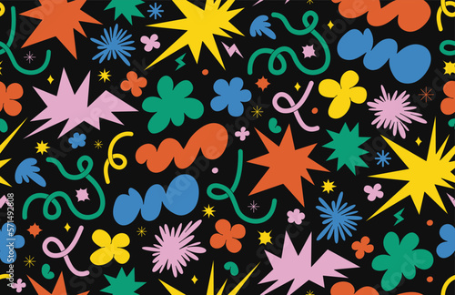 Abstract cloud and flower shapes seamless pattern. Groovy funky flower, bubble, star, loop, waves in trendy retro 90s 00s cartoon style. Vector background with wavy and spiral elements.