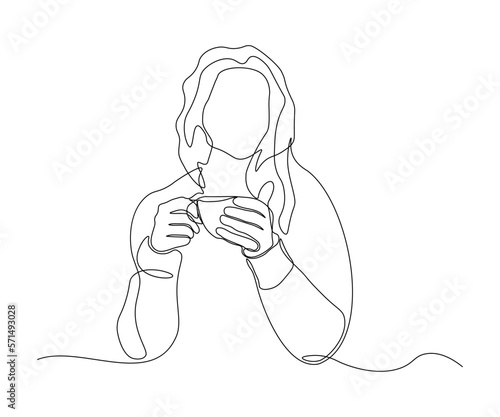 abstract girl without a face with a cup of coffee or tea, hand-drawn, continuous mono line, one line art, contour drawing