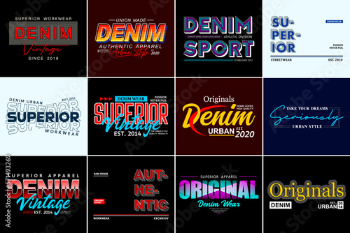 Collection of denim style vector illustration, labels, badges, typography design, t Shirt print