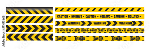 Caution tape set of yellow warning ribbons. Abstract warning lines for police, accident, under construction. Vector danger tape collection.