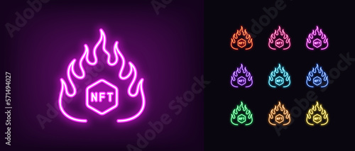 Outline neon hot NFT offer icon set. Glowing neon fire frame with NFT sign, gaming token liquidation. Hot NFT collection, burning digital token, NFT marketplace, virtual cryptocurrency.