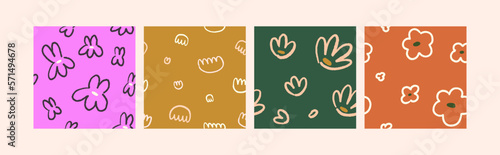 Seamless floral patterns set. Naive doodle simple flowers prints, childish ba...