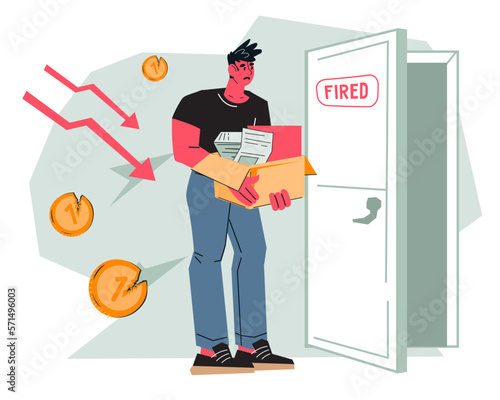 Layoffs and firing concept with dismissed employee, flat cartoon vector illustration isolated on white background. Dismissed upset office worker. Dismissal and unemployment.