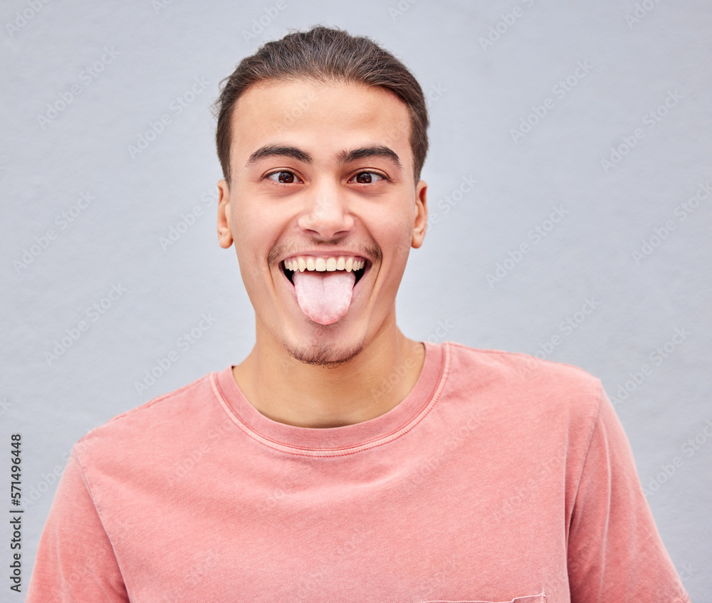 Man Tongue Or Funny Face On Isolated Background In Silly Goofy Or