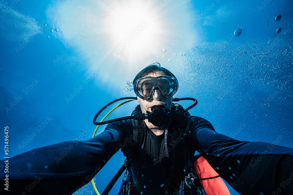 diver takes selfie in the clear waters of the Gulf of Thailand diver takes selfie in the clear waters of the Gulf of Thailand