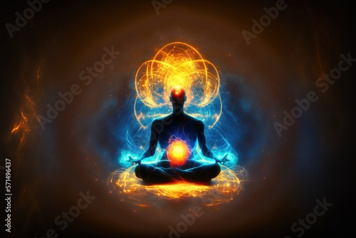 Universe, cosmos. Meditation background, yoga lotus pose, chakras, prana, Soul healing energy, and spirituality. Generative AI