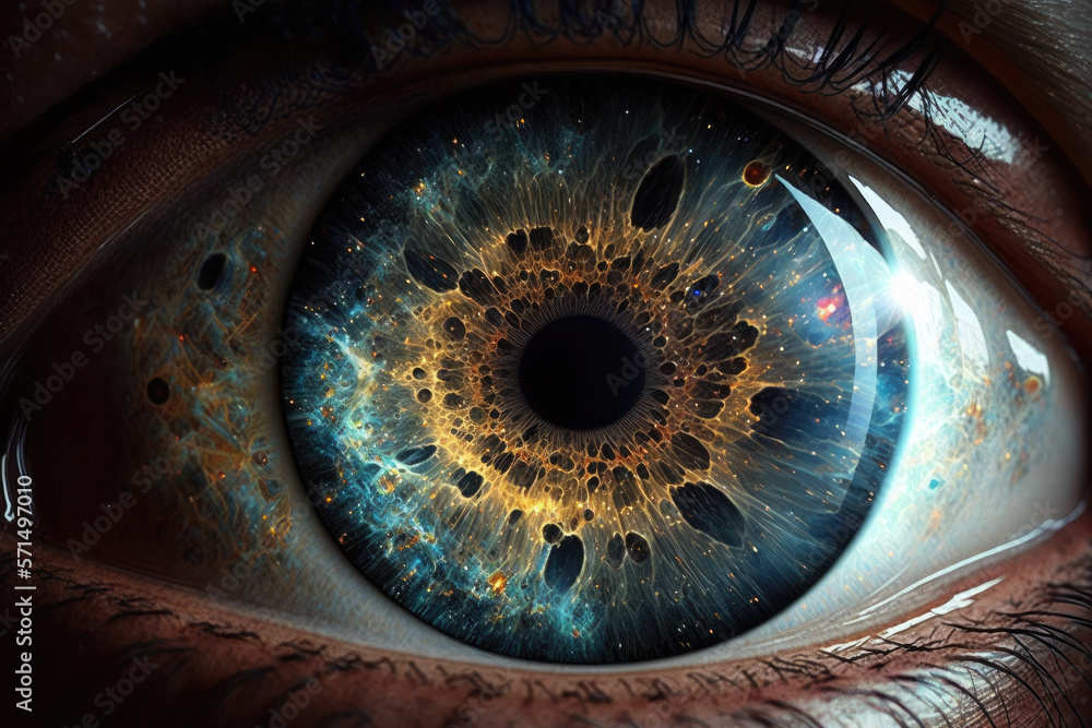 Cosmic human eyes in close range, generative AI.