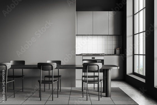 Grey kitchen interior with eating table and kitchenware, window. Mockup wall