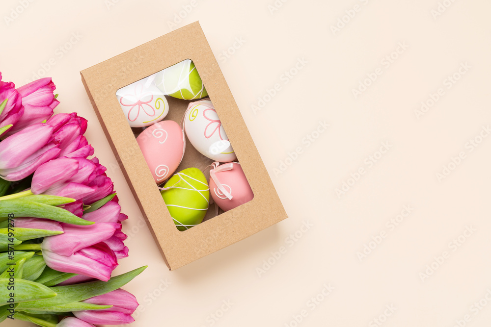 Fresh pink tulip flowers and easter eggs Fresh pink tulip flowers and easter eggs
